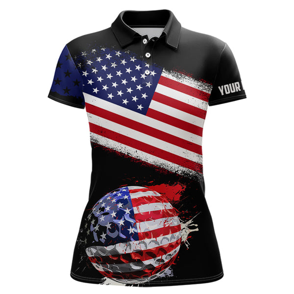 Maxcorners American Flag Golf Ball Black Golf Polo Shirt Custom Patriotic Golf Tops Golfing Gifts