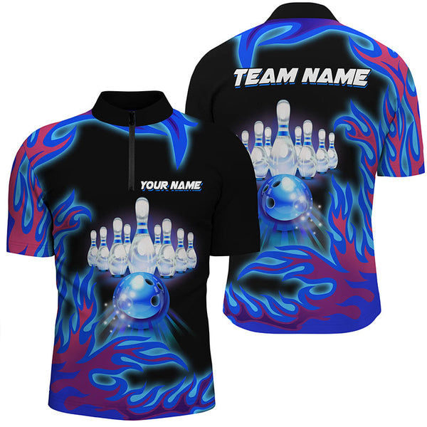 MaxCorners Bowling And Pins Blue Flame Customized Name, Team Name 3D Stand Collar Zipper Polo Shirt For Men