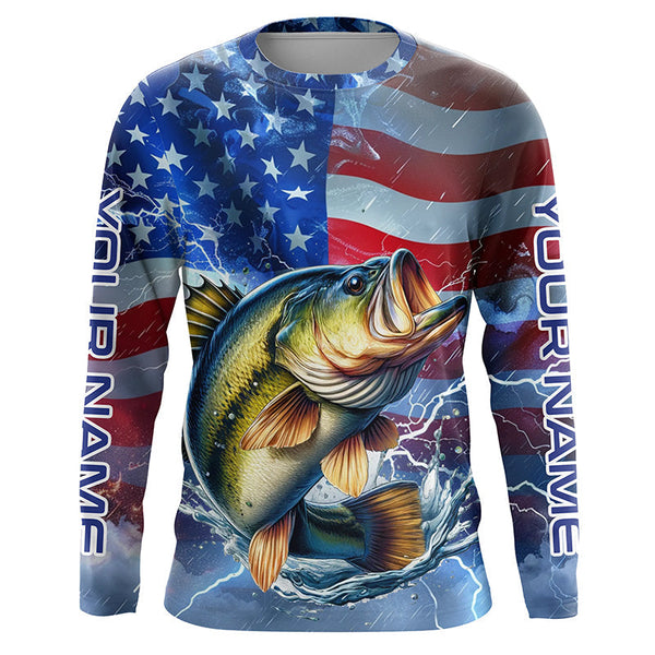 Maxcorners Largemouth Bass fishing American flag Long Sleeve Fishing Shirt custom Lightning Bass fishing jersey MT2108