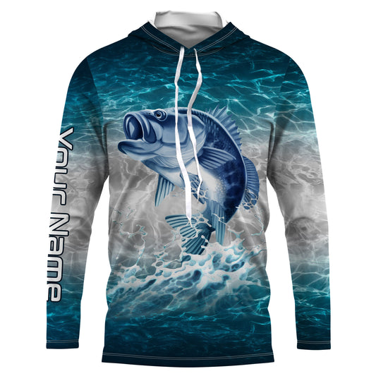 Maxcorners Bass fishing blue sea water camo Custom name Long sleevefishing shirts, Long Sleeve Hooded LM0201