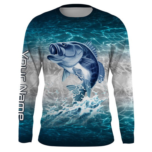 Maxcorners Bass fishing blue sea water camo Custom name Long sleevefishing shirts, Long Sleeve Hooded LM0201