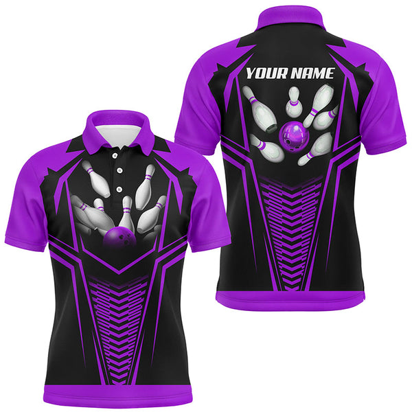 Maxcorners Bowling Ball And Pins Purple And Black Customized Name, Team Name 3D Shirt