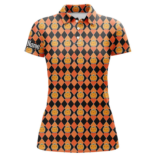 Maxcorners Golf Halloween Pumpkin Seamless Orange Pattern Customized Name 3D Polo Shirt