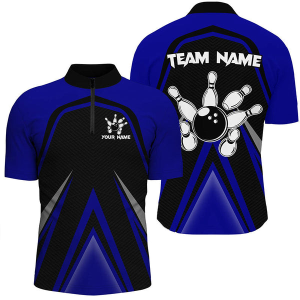 Maxcorners Black and Blue Retro Bowling Polo, Quarter Zip Shirts Custom Team Bowling Jerseys, bowl gifts