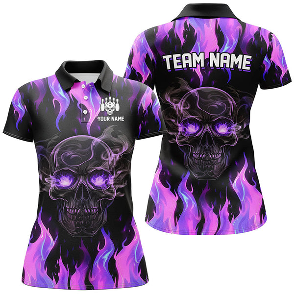 Maxcorners Purple Flame Skull Bowling Shirts Custom Team Bowling Jerseys Halloween Outfits