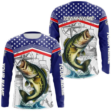 Maxcorners American Flag Largemouth Bass Fishing Custom Bass Long Sleeve Fishing Shirts, Bass Team Jerseys LM2512
