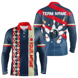 Maxcorners Personalized Red, White And Blue Retro Bowling Polo, Quarter Zip Shirt For Men, Bowling Team Jersey