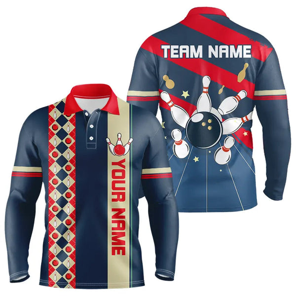 Maxcorners Personalized Red, White And Blue Retro Bowling Polo, Quarter Zip Shirt For Men, Bowling Team Jersey