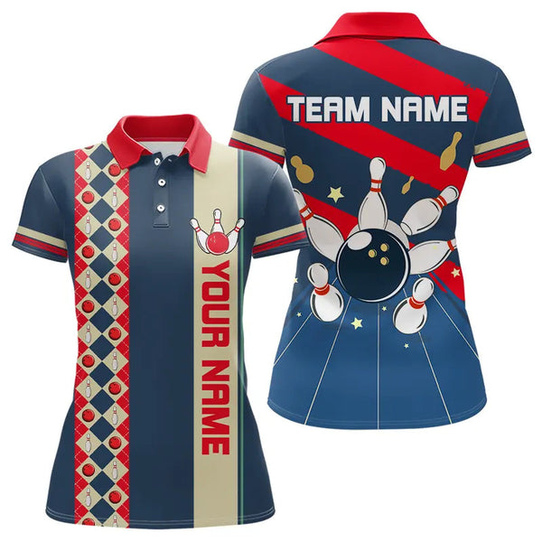 Maxcorners Personalized Red, White And Blue Retro Bowling Polo, Quarter Zip Shirt For Men, Bowling Team Jersey