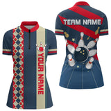 Maxcorners Personalized Red, White And Blue Retro Bowling Polo, Quarter Zip Shirt For Men, Bowling Team Jersey