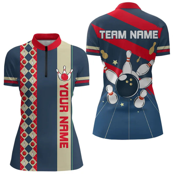 Maxcorners Personalized Red, White And Blue Retro Bowling Polo, Quarter Zip Shirt For Men, Bowling Team Jersey