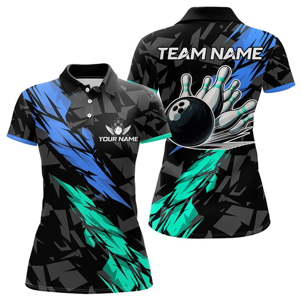 Maxcorners Personalized Black, Blue and Turquoise Camo Bowling Shirt For Men Custom Team Name Bowling Jerseys LM253