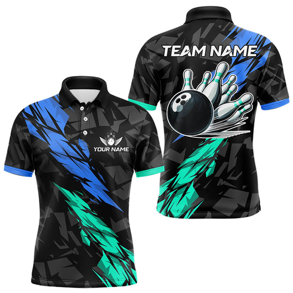 Maxcorners Personalized Black, Blue and Turquoise Camo Bowling Shirt For Men Custom Team Name Bowling Jerseys LM253