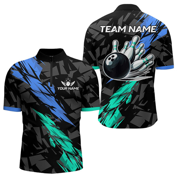 Maxcorners Personalized Black, Blue and Turquoise Camo Bowling Shirt For Men Custom Team Name Bowling Jerseys LM253