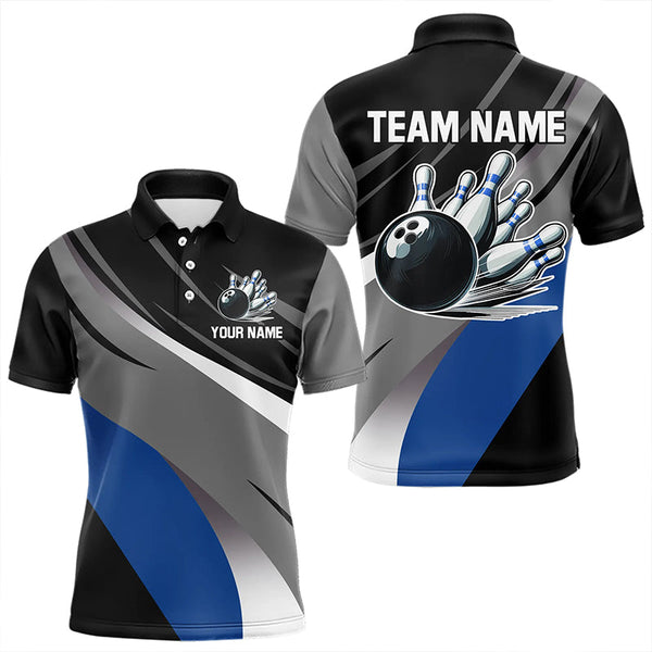 Maxcorners Personalized Black, Gray and Blue Bowling Shirts For Men, Bowling Balls And Pins Bowling Team Shirts LM253