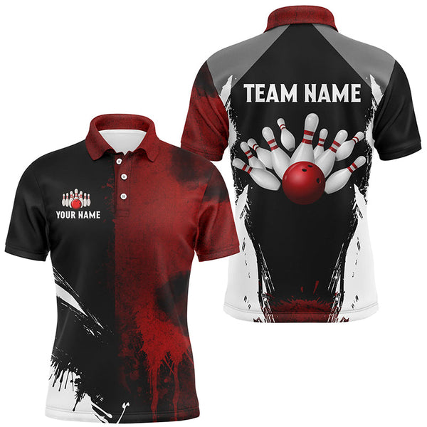 Maxcorners Bowling Ball And Pins Black And Red Pattern Customized Name, Team Name 3D Polo Shirt Unisex