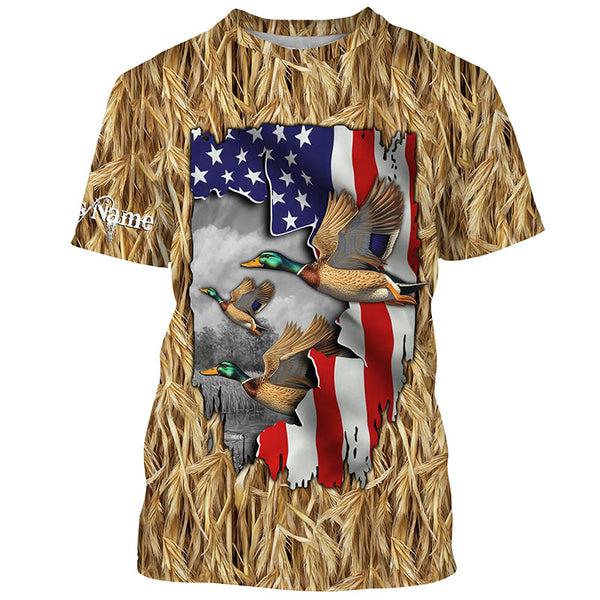 Maxcorners Duck hunting Camo American Flag patriotic Customize Name 3D All Over Printed Shirts LM2608
