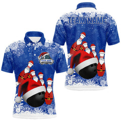 Maxcorners Mens bowling shirts Custom Funny Christmas snowflake Santa Bowling Ball pins Team Jersey | Blue TU2511