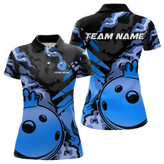 Maxcorners Blue Camo Bowling Polo, Quarter Zip Shirts for Women Custom Bowling Team jerseys, Gift For Bowlers