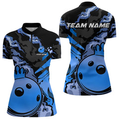 Maxcorners Blue Camo Bowling Polo, Quarter Zip Shirts for Women Custom Bowling Team jerseys, Gift For Bowlers
