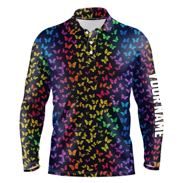 Maxcorners Rainbow Butterflies pattern Mens golf polos shirts custom Butterfly Mens golf clothing