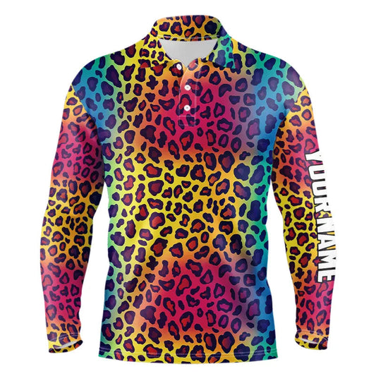 Maxcorners Colorful Rainbow leopard pattern Mens golf polos shirts custom golf attire for Mens