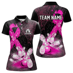 Maxcorners Personalized Pink Ribbons Grunge Bowling Shirts For Men, Custom Breast Cancer Bowling Team Shirts