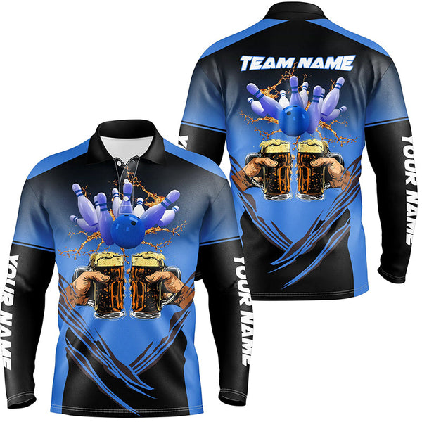 Maxcorners Bowling Ball And Pins Beer Black And Blue Customized Name, Team Name 3D Shirt