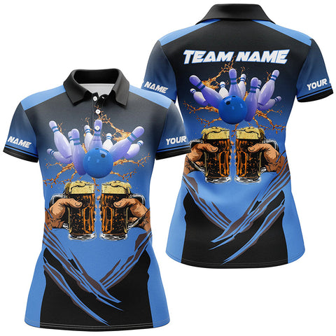 Maxcorners Bowling Ball And Pins Beer Black And Blue Customized Name, Team Name 3D Shirt