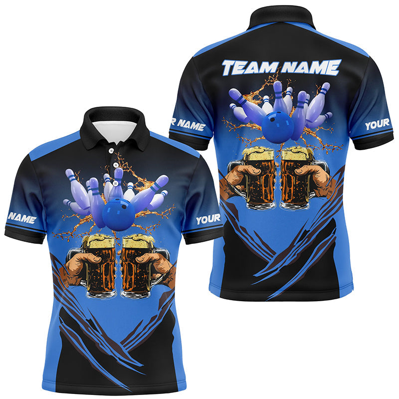 Maxcorners Bowling Ball And Pins Beer Black And Blue Customized Name, Team Name 3D Shirt