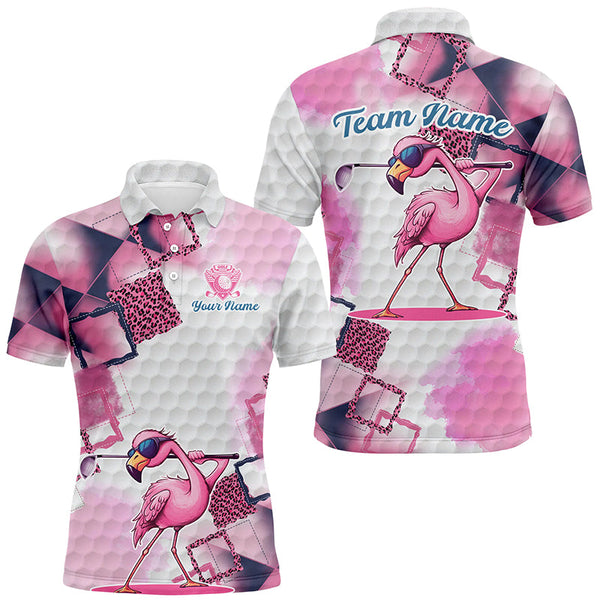 Maxcorners Golf Pink Flamingo Leopard Pattern Customized Name 3D Shirt