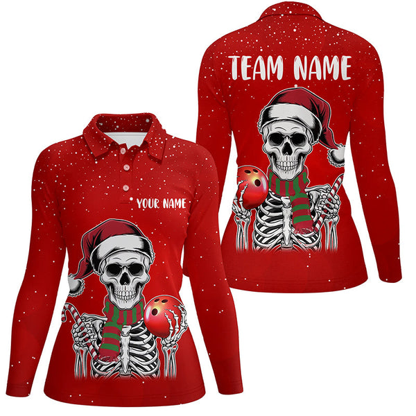 Maxcorners Skull Christmas Women Bowling Polo, Quarter Zip shirt custom bowling jersey Xmas Gift for team | Red