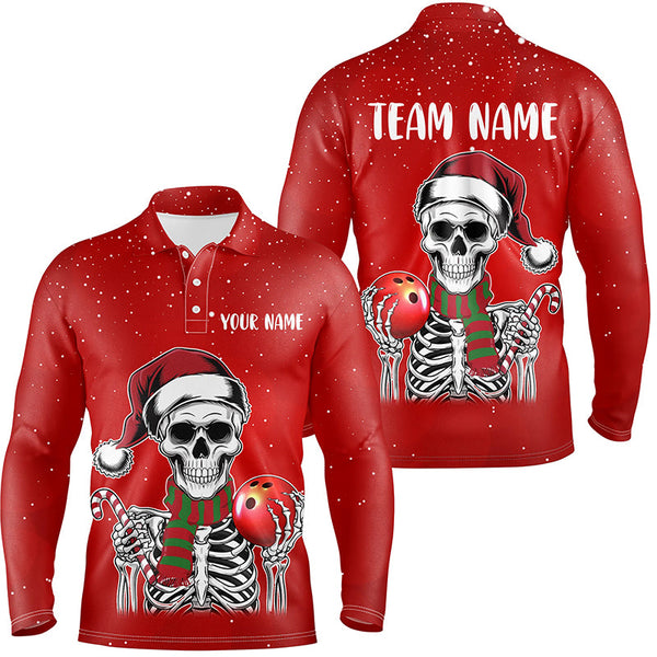 Maxcorners Skull Christmas Bowling Polo, Quarter Zip shirt for Men custom bowling jersey Xmas Gift for team | Red