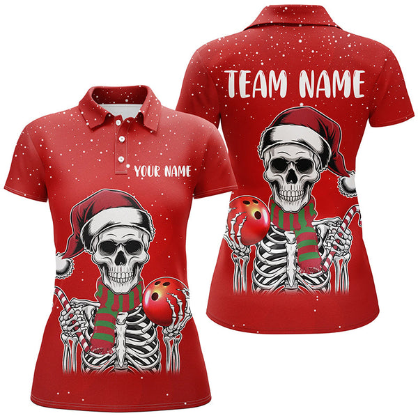 Maxcorners Skull Christmas Women Bowling Polo, Quarter Zip shirt custom bowling jersey Xmas Gift for team | Red