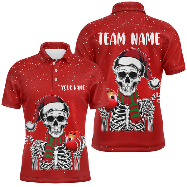 Maxcorners Skull Christmas Bowling Polo, Quarter Zip shirt for Men custom bowling jersey Xmas Gift for team | Red