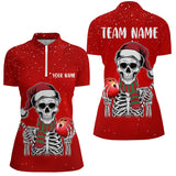 Maxcorners Skull Christmas Women Bowling Polo, Quarter Zip shirt custom bowling jersey Xmas Gift for team | Red