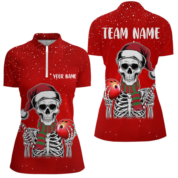 Maxcorners Skull Christmas Women Bowling Polo, Quarter Zip shirt custom bowling jersey Xmas Gift for team | Red