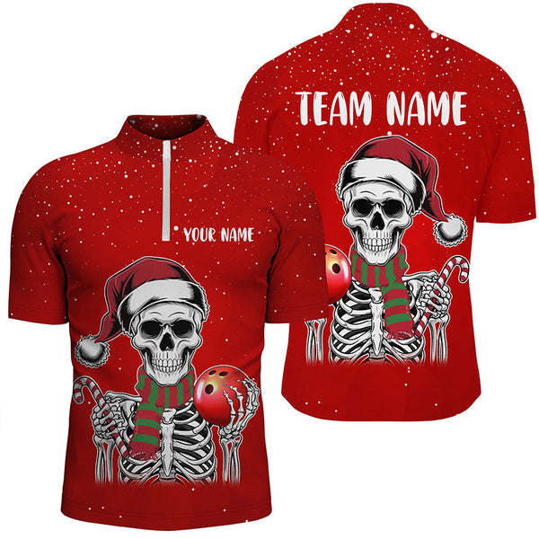 Maxcorners Skull Christmas Bowling Polo, Quarter Zip shirt for Men custom bowling jersey Xmas Gift for team | Red