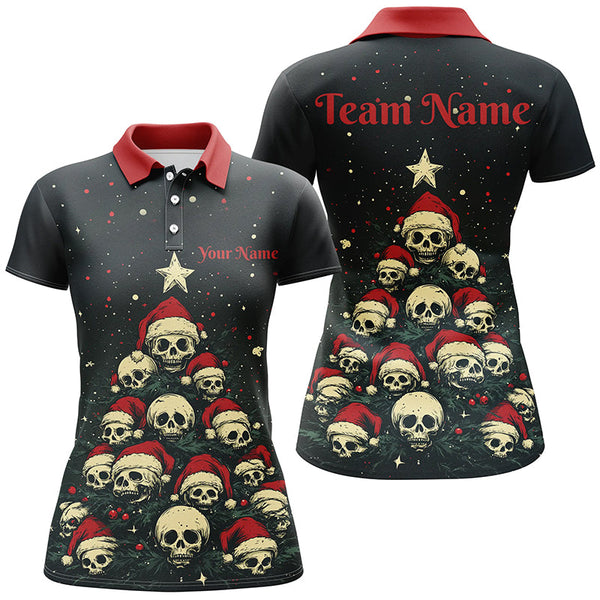 Maxcorners Funny Skull Christmas Tree Women Bowling Polo, Quarter Zip shirts custom Xmas Team bowling jerseys