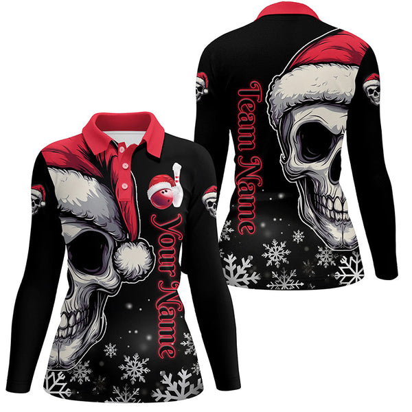 Maxcorners Red and Black Christmas Skull Women Bowling Polo, Quarter Zip shirts custom Xmas Team bowling jerse