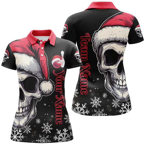 Maxcorners Red and Black Christmas Skull Women Bowling Polo, Quarter Zip shirts custom Xmas Team bowling jerse