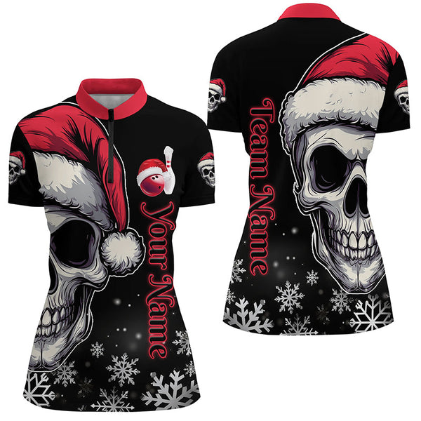 Maxcorners Red and Black Christmas Skull Women Bowling Polo, Quarter Zip shirts custom Xmas Team bowling jerse