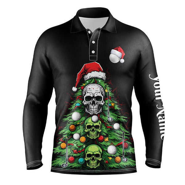 Maxcorners Funny Skull Golf Christmas Tree Men golf polo shirt custom mens golf tops unique Christmas golf gifts