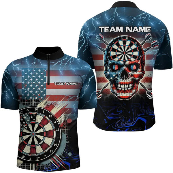 Maxcorners American Flag Skull Dart Board Blue lightning Custom Team Dart Polo, Quarter Zip Shirt For Men