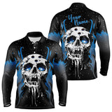 Maxcorners Custom Black And Blue Flame Galaxy Skull Bowling Shirts For Men, Skull Bowling Team Shirts Uniform