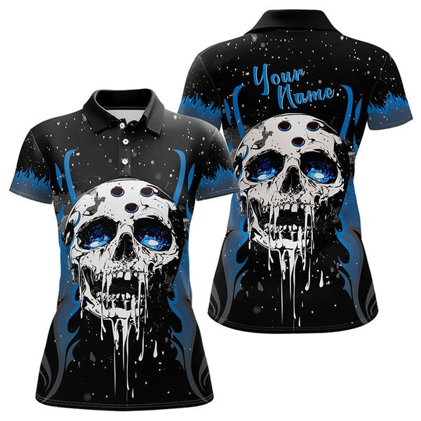 Maxcorners Custom Black And Blue Flame Galaxy Skull Bowling Shirts For Men, Skull Bowling Team Shirts Uniform