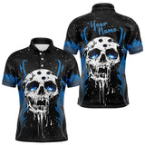 Maxcorners Custom Black And Blue Flame Galaxy Skull Bowling Shirts For Men, Skull Bowling Team Shirts Uniform