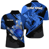 MaxCorners Bowling And Pins Black & Blue Flame Customized Name, Team Name 3D Stand Collar Zipper Polo Shirt For Men