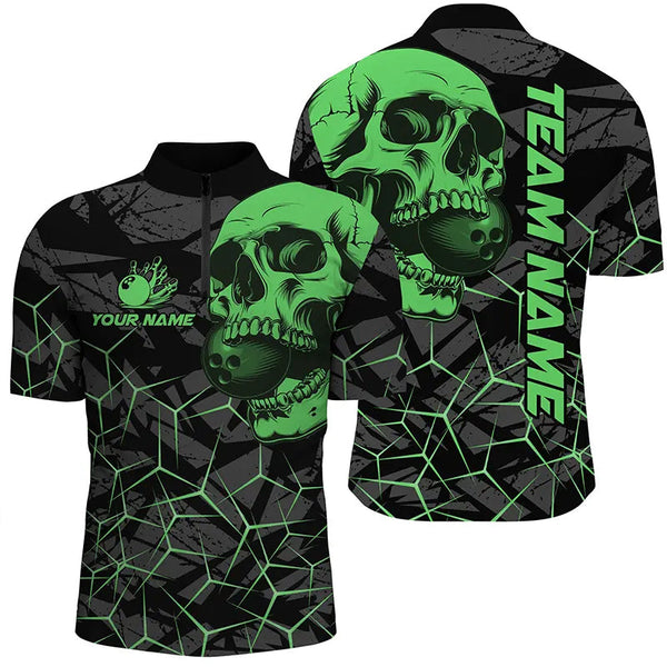 MaxCorners Bowling And Pins Black And Green Skull Camo Customized Name, Team Name 3D Stand Collar Zipper Polo Shirt For Men