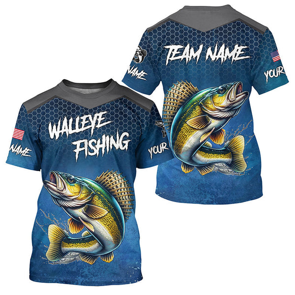 Maxcorners Blue camo Walleye fishing Custom performance long sleeve team Walleye fishing tournament shirts MT2108